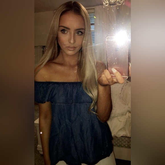 FOREVER 21 - Denim-like Off-the-shoulder Shirt (size small) - Picture 3 of 10